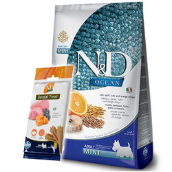 N&D (Naturel&Delicious) - ND Ocean Düşük Tahıl Balıklı ve Portakallı Küçük Irk Köpek Maması 7 Kg + ND Dental Köpek Ödülü