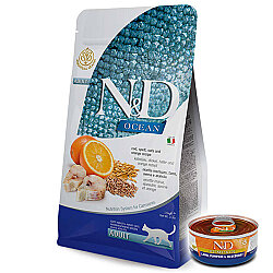 ND Ocean Düşük Tahıllı Morina Balığı Portakal Kedi Maması 1,5 Kg + ND Konserve 70 Gr - N&D