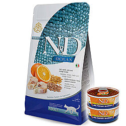 ND Ocean Düşük Tahıllı Morina Balığı Portakal Kedi Maması 5 Kg + 2 Adet ND Konserve 70 Gr - N&D