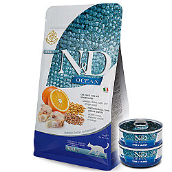ND Ocean Düşük Tahıllı Morina Balığı Portakal Kedi Maması 5 Kg + 2 Adet ND Ton ve Somon Konserve 70 Gr - N&D