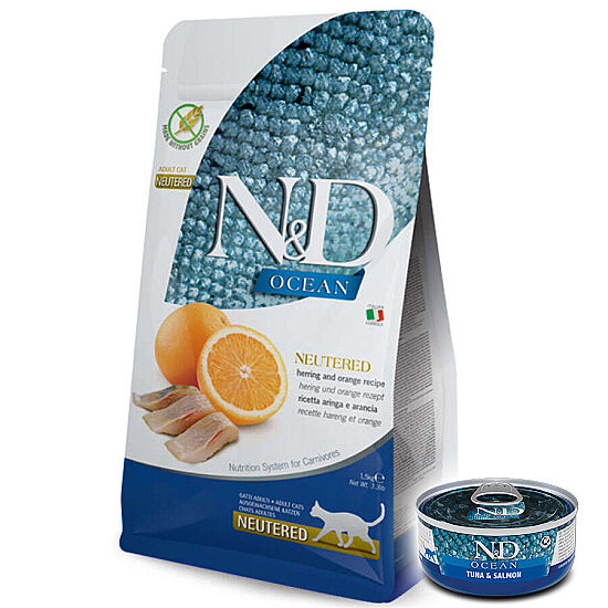 ND Ocean Neutered Tahılsız Balık Portakal Kısırlaştırılmış Kedi Maması 1,5 Kg + ND Konserve 70 Gr - 1