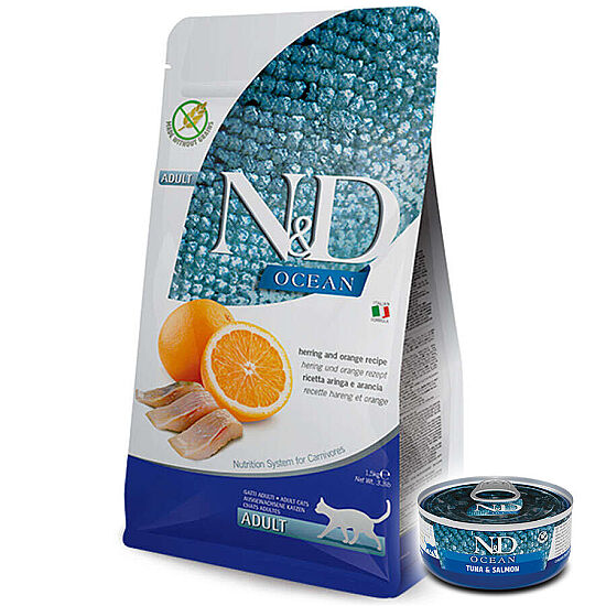 ND Ocean Tahılsız Balık Portakal Kedi Maması 1,5 Kg + ND Ton ve Somon Konserve 70 Gr - 1
