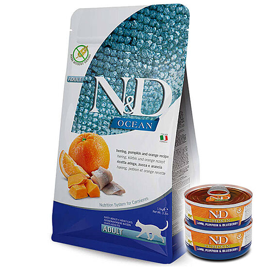 ND Ocean Tahılsız Balık Portakal ve Balkabaklı Kedi Maması 5 Kg + 2 Adet ND Konserve 70 Gr - 1