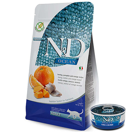 ND Ocean Tahılsız Balık Portakal ve Balkabaklı Kedi Maması 5 Kg + ND Konserve 70 Gr - 1