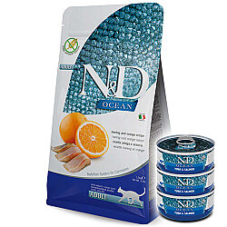 ND Ocean Tahılsız Ringa Balık ve Portakal Kedi Maması 10 Kg + 3 Adet ND Ton ve Somon Konserve 70 Gr - N&D