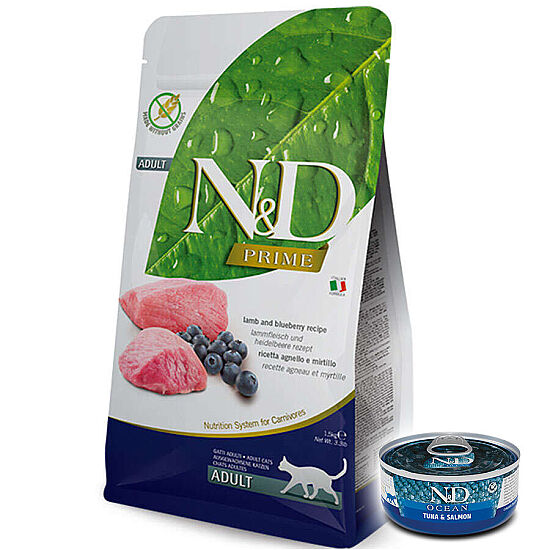 ND Prime Tahılsız Kuzu ve Yaban Mersini Kedi Maması 1,5 Kg + ND Ton ve Somon Konserve 70 Gr - 1