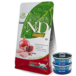ND Prime Tahılsız Tavuklu ve Narlı Yetişkin Kedi Maması 5 Kg + 2 Adet ND Ton ve Somon Konserve 70 Gr - N&D