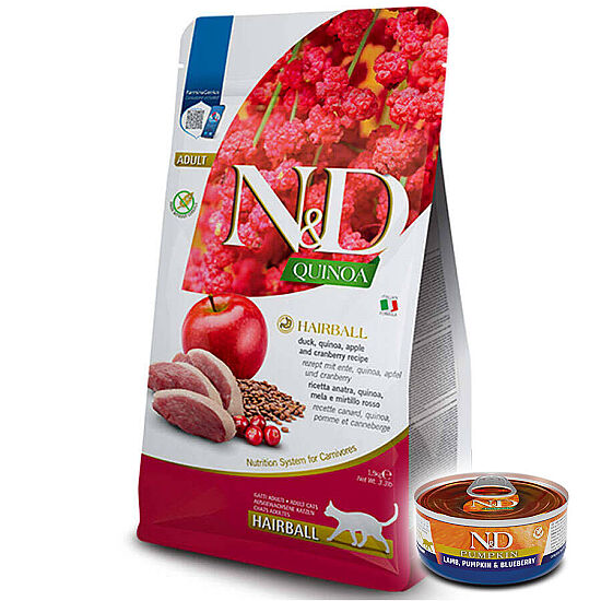 ND Quinoa Hairball Ördek Etli Kinoa ve Elmalı Kedi Maması 1,5 Kg + ND Konserve 70 Gr - 1