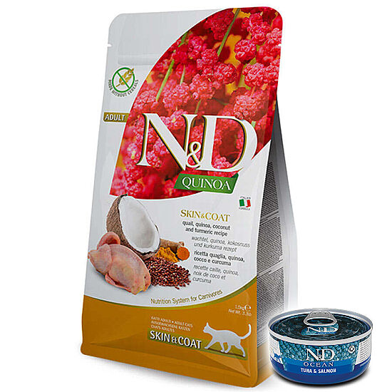 ND Quinoa Skin Coat Bıldırcın Kinoa Tüy Sağlığı Kedi Maması 1,5 Kg + ND Konserve 70 Gr - 1