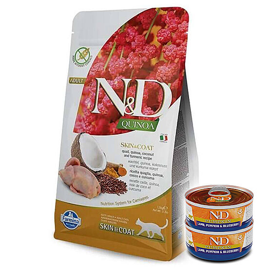ND Quinoa Skin Coat Tüy Sağlığı Bıldırcın Kinoa Kedi Maması 5 Kg + 2 Adet ND Konserve 70 Gr - 1