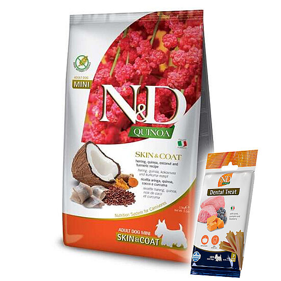 ND Quinoa Skin Coat Mini Ringa Kinoa Küçük Irk Köpek Maması 2,5 Kg + ND Köpek Ödülü - 1