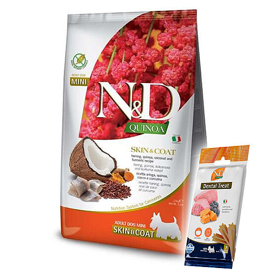 ND Quinoa Skin Coat Mini Ringa Kinoa Küçük Irk Köpek Maması 2,5 Kg + ND Dental Köpek Ödülü - 1