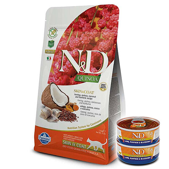 ND Quinoa Skin Coat Ringa Balığı Kinoa Tüy Sağlığı Kedi Maması 5 Kg + 2 Adet ND Konserve 70 Gr - 1