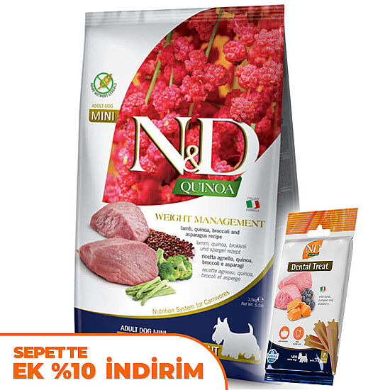 ND Quinoa Weight Management Mini Kuzu Light Küçük Irk Köpek Maması 2,5 Kg + ND Köpek Ödülü - 1