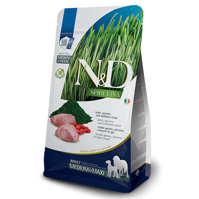 ND Spirulina Kuzu ve Üzüm Tahılsız Orta ve Büyük Irk Köpek Maması 7 Kg + Bez Çanta