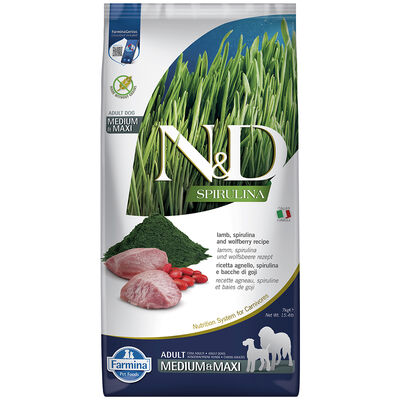 ND Spirulina Kuzu ve Üzüm Tahılsız Orta ve Büyük Irk Köpek Maması 7 Kg + Bez Çanta
