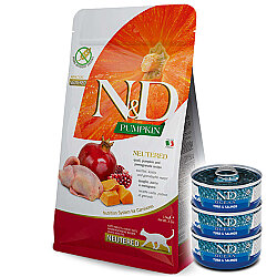 ND Tahılsız Bıldırcın Nar ve Bal Kabaklı Kısırlaştırılmış Kedi Maması 10 Kg + 3 Adet ND Ton ve Somon Konserve 70 Gr - N&D