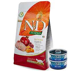 ND Tahılsız Bıldırcın Nar ve Bal Kabaklı Kısırlaştırılmış Kedi Maması 5 Kg + 2 Adet ND Ton ve Somon Konserve 70 Gr - N&D
