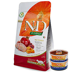 ND Tahılsız Bıldırcın Nar ve Bal Kabaklı Kısırlaştırılmış Kedi Maması 5 Kg + 2 Adet ND Konserve 70 Gr - N&D