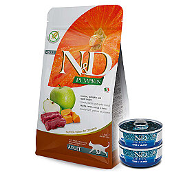 ND Tahılsız Geyikli Bal Kabaklı ve Elmalı Kedi Maması 5 Kg + 2 Adet ND Ton ve Somon Konserve 70 Gr - N&D