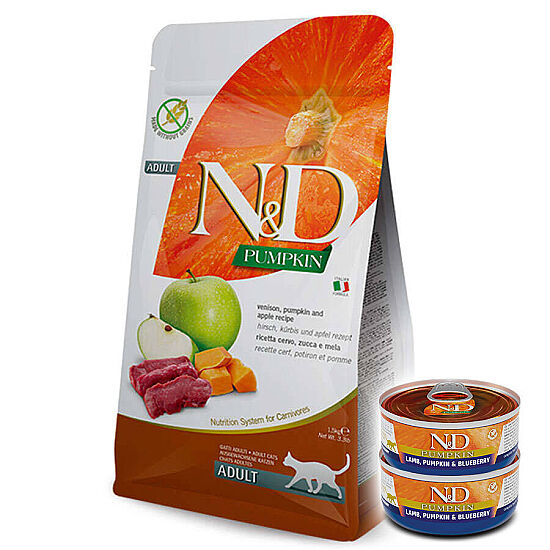 ND Tahılsız Geyikli Bal Kabaklı ve Elmalı Kedi Maması 5 Kg + 2 Adet ND Konserve 70 Gr - 1