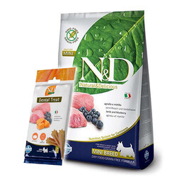 N&D (Naturel&Delicious) - ND Tahılsız Kuzu Eti Yaban Mersini Küçük Irk Köpek Maması 7 Kg + ND Dental Köpek Ödülü