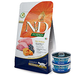 ND Tahılsız Kuzu Etli ve Bal Kabaklı Kısırlaştırılmış Kedi Maması 5 Kg + 2 Adet ND Ton ve Somon Konserve 70 Gr - N&D