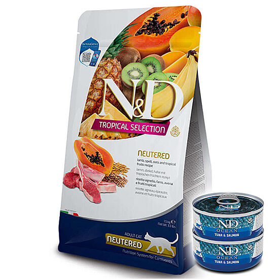 ND Tropical Selection Kuzu ve Meyveli Kısırlaştırılmış Kedi Maması 5 Kg + 2 Adet ND Ton ve Somon Konserve 70 Gr - 1