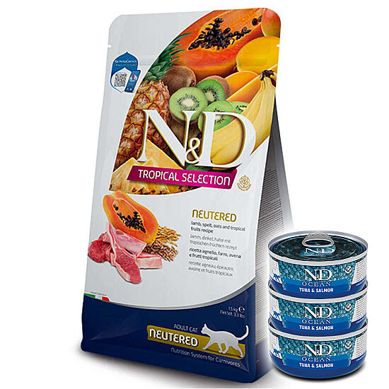 ND Tropical Selection Kuzu ve Meyveli Kısırlaştırılmış Kedi Maması 10 Kg + 3 Adet ND Ton ve Somon Konserve 70 Gr - 1