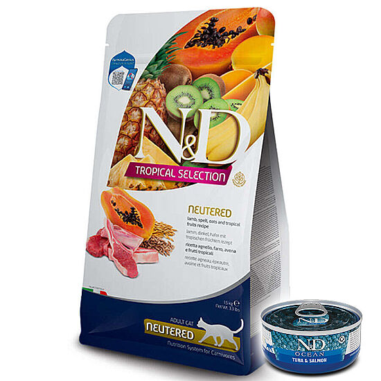 ND Tropical Selection Kuzu ve Meyveli Kısırlaştırılmış Kedi Maması 1,5 Kg + ND Konserve 70 Gr - 1