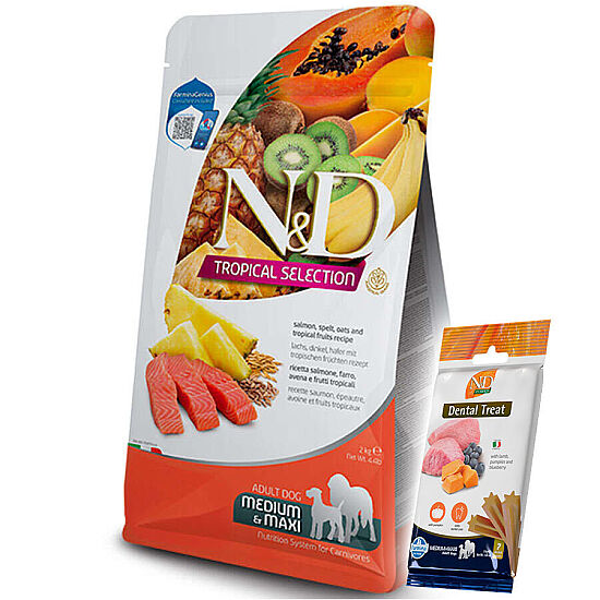 ND Tropical Somon ve Meyve Orta ve Büyük Irk Köpek Maması 10 Kg + ND Dental Köpek Ödülü - 1