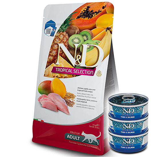 ND Tropical Selection Tavuk ve Meyveli Kedi Maması 10 Kg + 3 Adet ND Ton ve Somon Konserve 70 Gr - 1