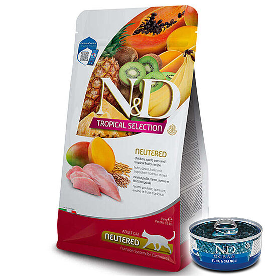 ND Tropical Selection Tavuk ve Meyveli Kısırlaştırılmış Kedi Maması 10 Kg + ND Konserve 70 Gr - 1