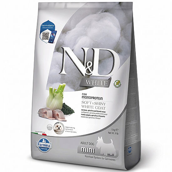 ND White Coat Levrek ve Spirulina Beyaz Tüylü Mini Irk Tahılsız Köpek Maması 5 Kg - 1