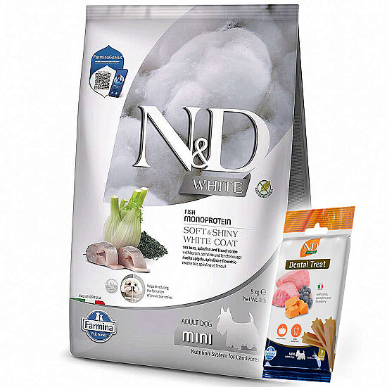 ND White Coat Levrek ve Spirulina Beyaz Tüylü Mini Irk Tahılsız Köpek Maması 5 Kg + ND Köpek Ödülü - 1
