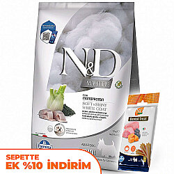 ND White Coat Levrek ve Spirulina Beyaz Tüylü Mini Irk Tahılsız Köpek Maması 5 Kg + ND Köpek Ödülü - N&D