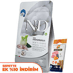 ND White Coat Mini Puppy Levrek ve Spirulina Beyaz Tüylü Mini Irk Tahılsız Yavru Köpek Maması 1,5 Kg + ND Köpek Ödülü - N&D