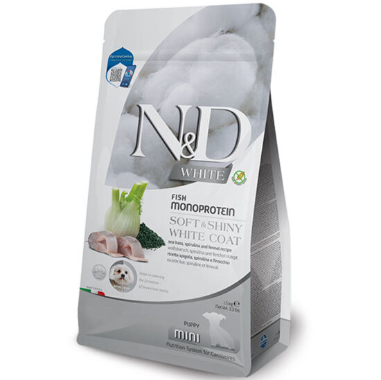 ND White Coat Mini Puppy Levrek ve Spirulina Beyaz Tüylü Mini Irk Tahılsız Yavru Köpek Maması 1,5 Kg - 1