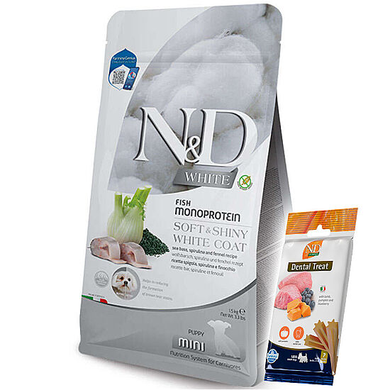 ND White Coat Mini Puppy Levrek ve Spirulina Beyaz Tüylü Mini Irk Tahılsız Yavru Köpek Maması 1,5 Kg + ND Köpek Ödülü - 1