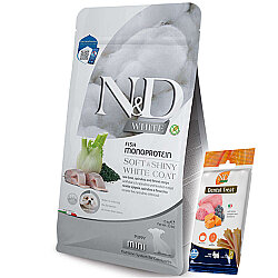 ND White Coat Mini Puppy Levrek ve Spirulina Beyaz Tüylü Mini Irk Tahılsız Yavru Köpek Maması 1,5 Kg + ND Dental Köpek Ödülü - N&D