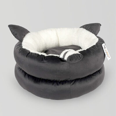 Nerotex Kulaklı Simit Form Kedi ve Köpek Yatağı - Füme/Siyah