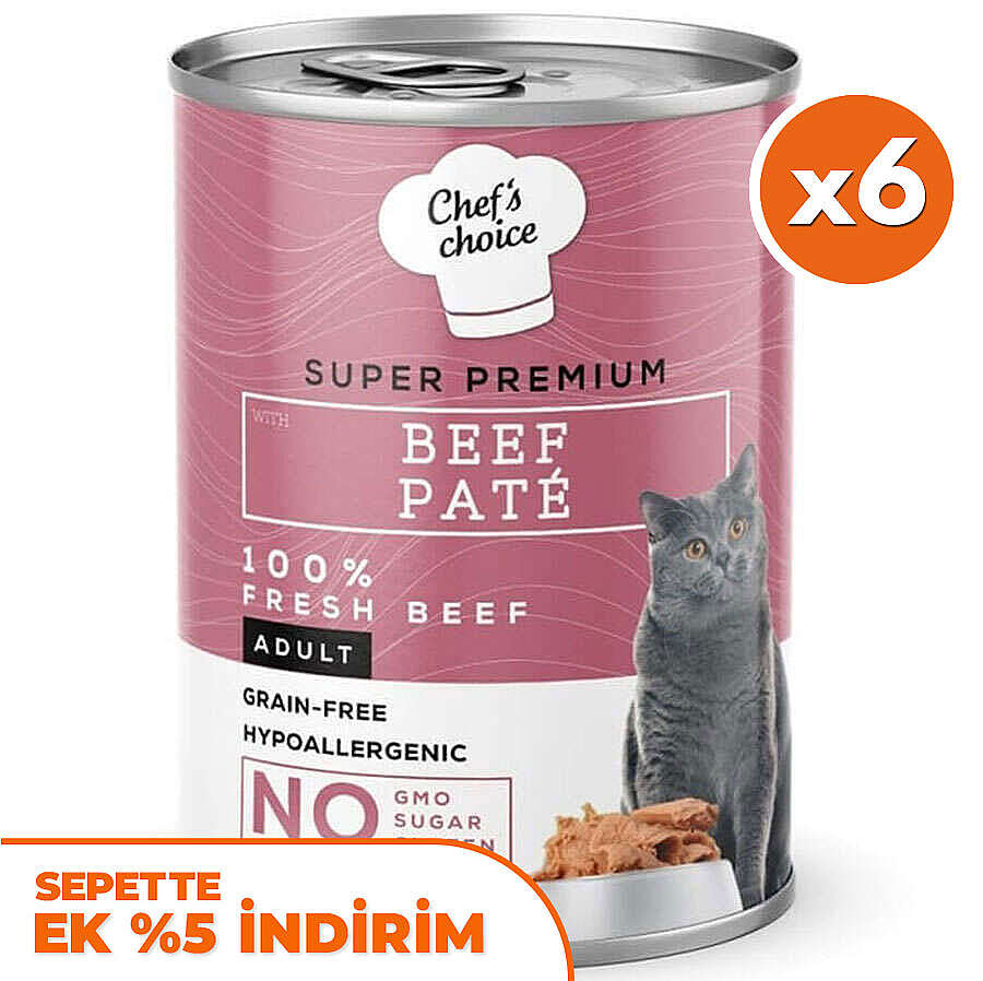 Chefs Choice Pate Beef Biftekli Tahılsız Ezme Kedi Yaş Maması 400 Gr x 6 Adet