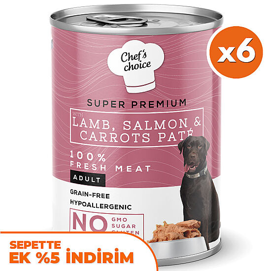 New Chefs Choice Pate Kuzu Somon Havuçlu Tahılsız Köpek Yaş Maması 400 Gr x 6 Adet - 1