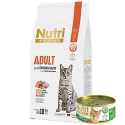 Nutri Feline - Nutri Feline Somonlu Glutensiz Kedi Maması 10 Kg + 3 Adet 85 Gr Yaş Mama