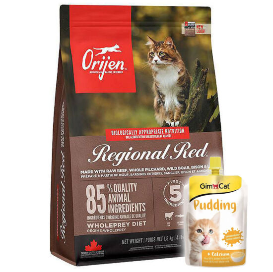 Orijen Regional Red Kırmızı Etli Tahılsız Kedi Maması 1,8 Kg + Gimcat Kedi Pudingi 150 Gr - 1