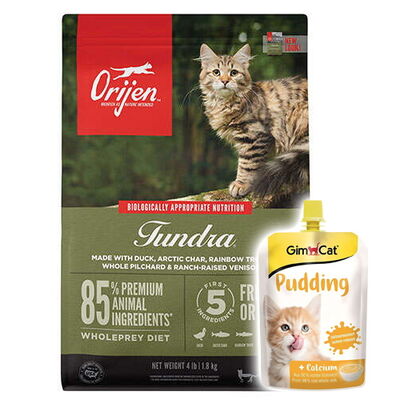 Orijen Tundra Etli Tahılsız Yetişkin Kedi Maması 1,8 Kg + Gimcat Kedi Pudingi 150 Gr