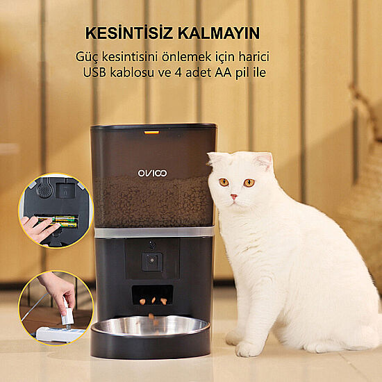 Ovioo Otomatik ve Kameralı Mama Makinesi Wi-Fi 6 Lt - Beyaz - 6
