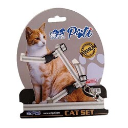 Pati Beyaz Gri Şeritli Kedi Göğüs Tasması + Uzatma - Diğer / Other