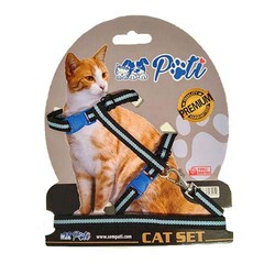 Pati Siyah Turkuaz Şeritli Kedi Göğüs Tasması + Uzatma - Diğer / Other