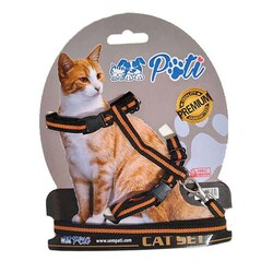Pati Siyah Turuncu Şeritli Kedi Göğüs Tasması + Uzatma - Diğer / Other